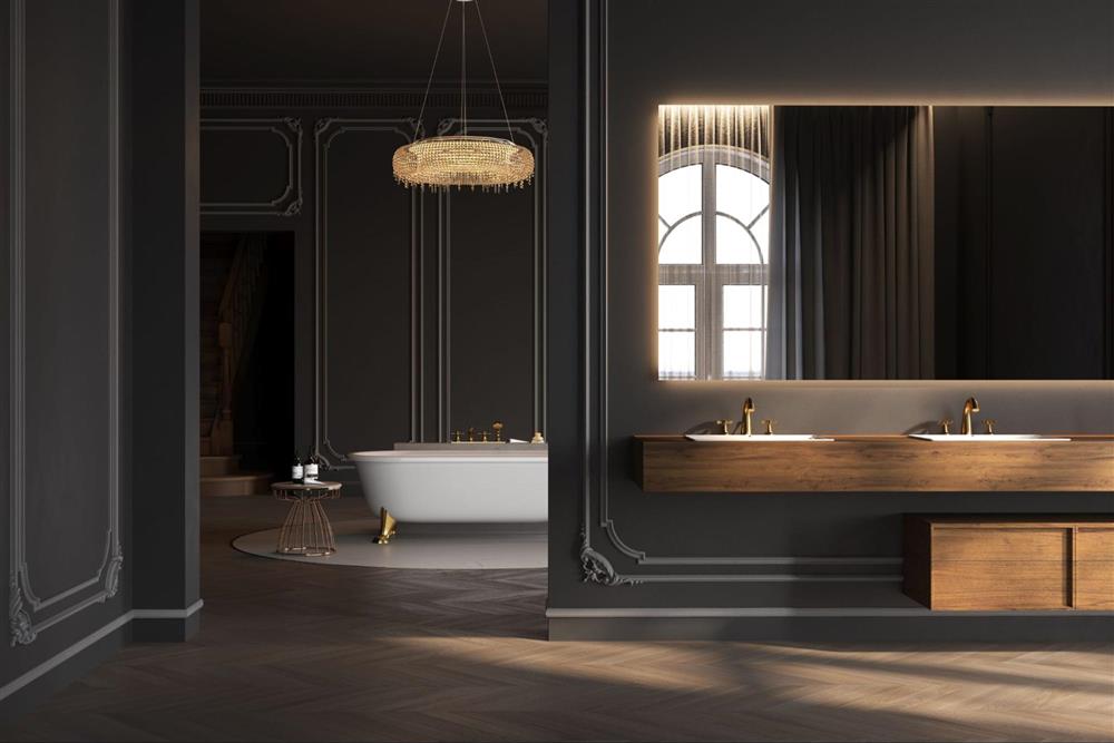Elegant dark bathroom with illuminated mirror and freestanding bathtub